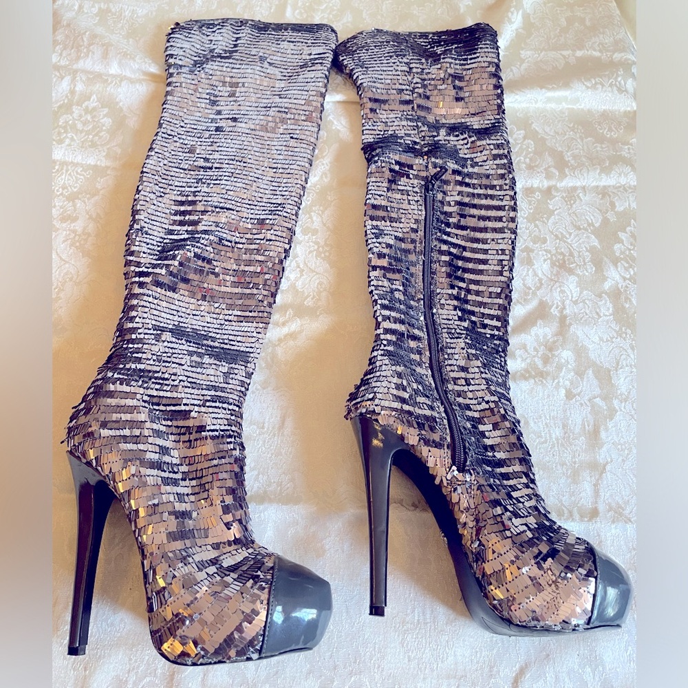Dereon Black and Silver Over the Knee Boots with Stiletto Heel